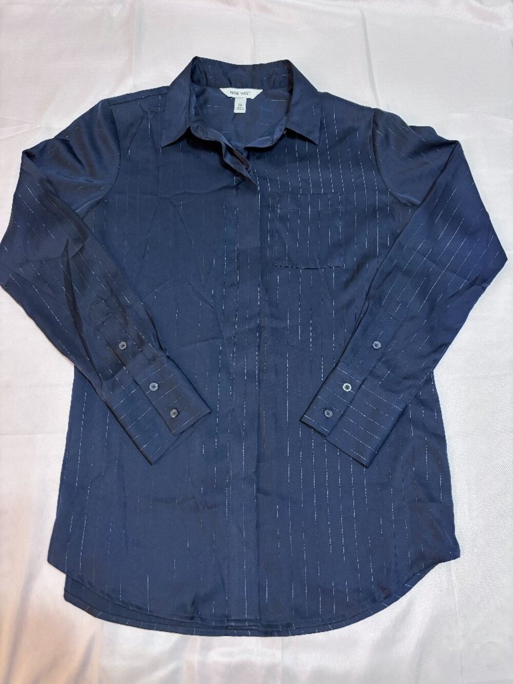 NWOT Women's XS Nine West Navy Blue Metallic Pinstripe Button-Down Shirt